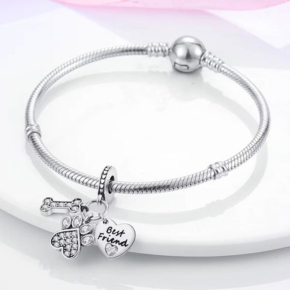 Dog Bone Paw Print Best Friend Charm S925 Sterling Silver