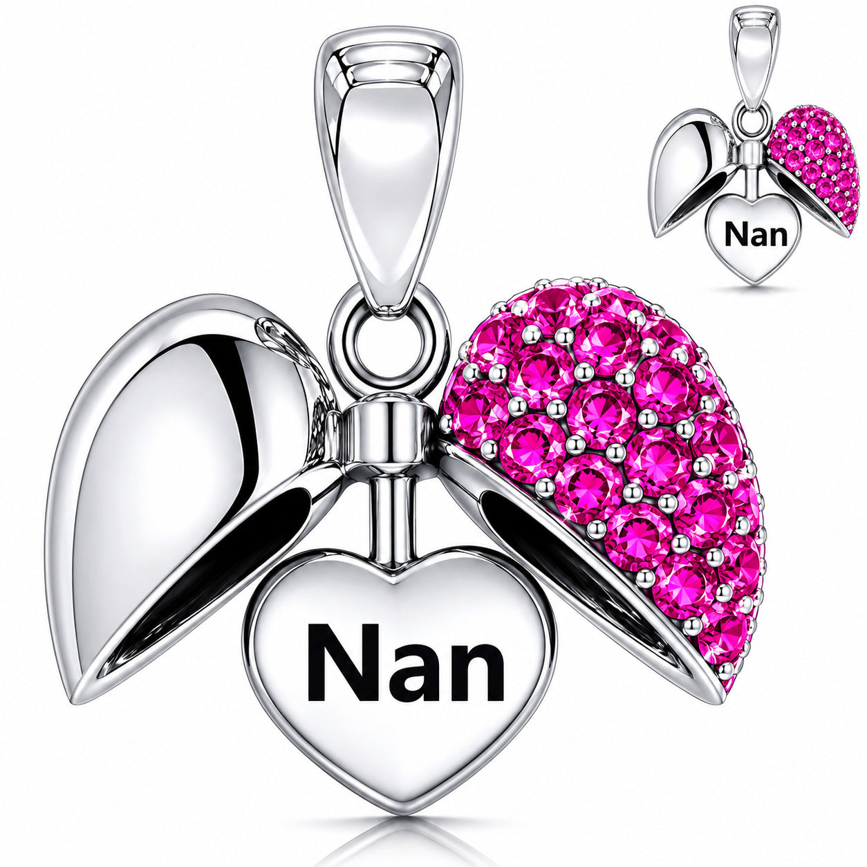Pink Fuchsia Crystal Heart Nan Dangle Charm S925 Sterling Silver