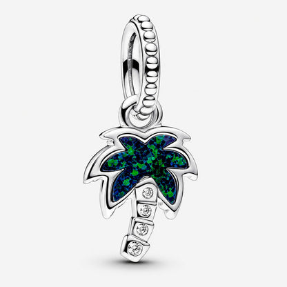 Opalescent Green Palm Tree Dangle Charm S925 Sterling Silver