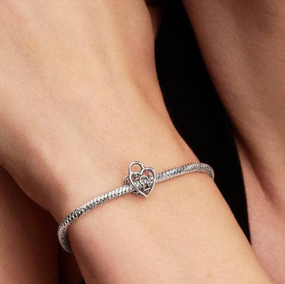 Openwork Heart Padlock Dangle Charm S925 Sterling Silver