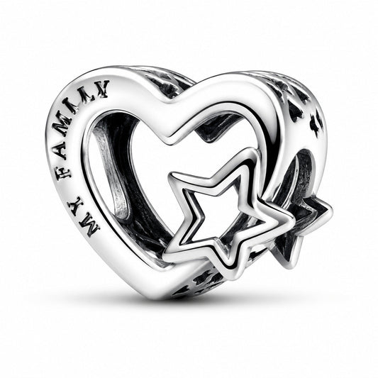 Openwork Family Heart & Star Charm  S925 Sterling Silver