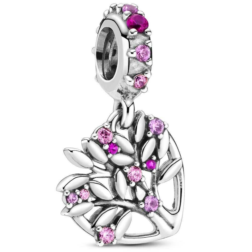 Pink Heart Family Tree Dangle Charm S925 Sterling Silver