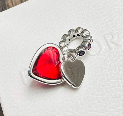 Red Murano Glass Heart Double Dangle Charm S925 Sterling Silver