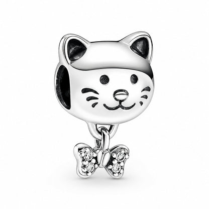 Pet Cat & Bow Charm S925 Sterling Silver