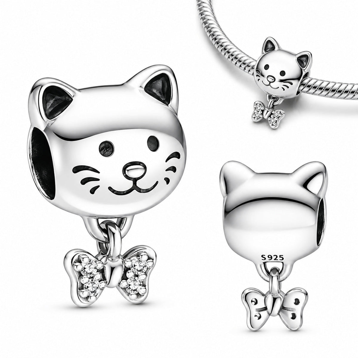 Pet Cat & Bow Charm S925 Sterling Silver