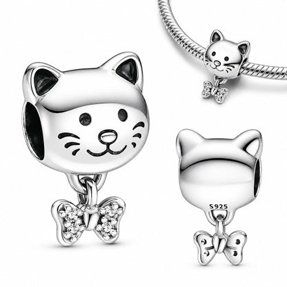 Pet Cat & Bow Charm S925 Sterling Silver