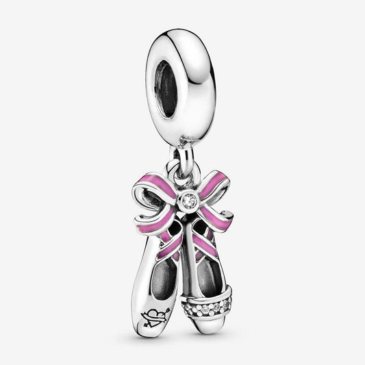 Pink Ballerina Shoes Dangle Charm S925 Sterling Silver