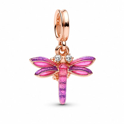 Pink Dragonfly Double Dangle Charm  S925 Sterling Silver
