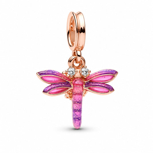 Pink Dragonfly Double Dangle Charm S925 Sterling Silver