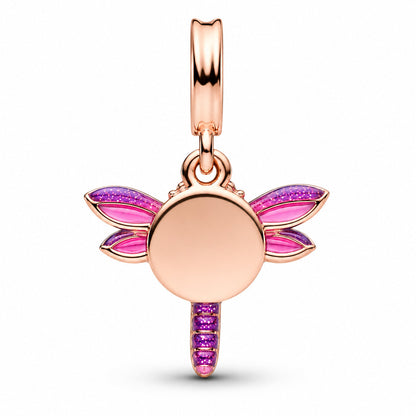 Pink Dragonfly Double Dangle Charm  S925 Sterling Silver