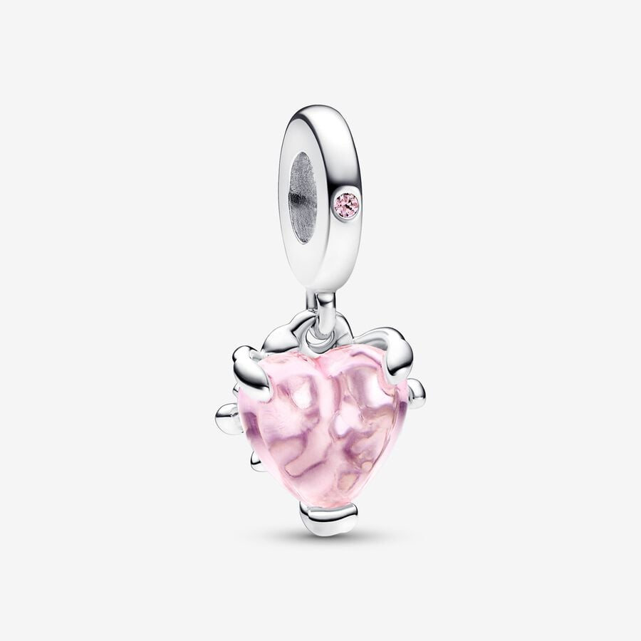 Pink Family Tree & Heart Dangle Charm S925 Sterling Silver