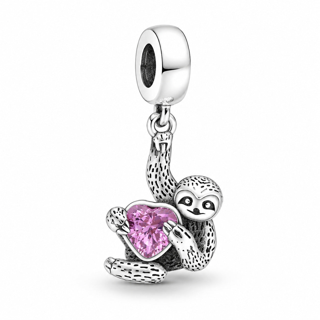 Pink Heart Hanging Sloth Dangle Charm S925 Sterling Silver