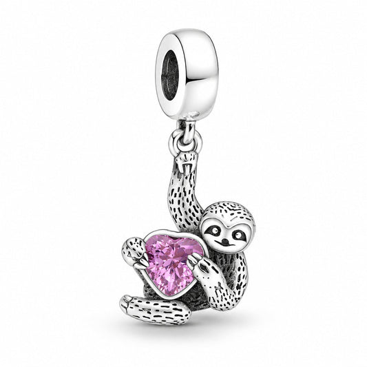 Pink Heart Hanging Sloth Dangle Charm S925 Sterling Silver