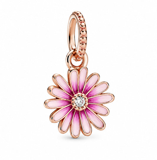 Pink Daisy Dangle Charm  S925 Sterling Silver