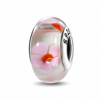Pink Floral Murano Glass Charm  S925 Sterling Silver