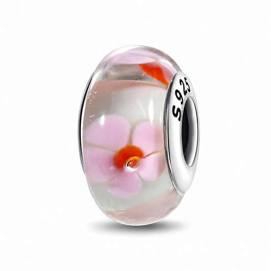Pink Floral Murano Glass Charm  S925 Sterling Silver