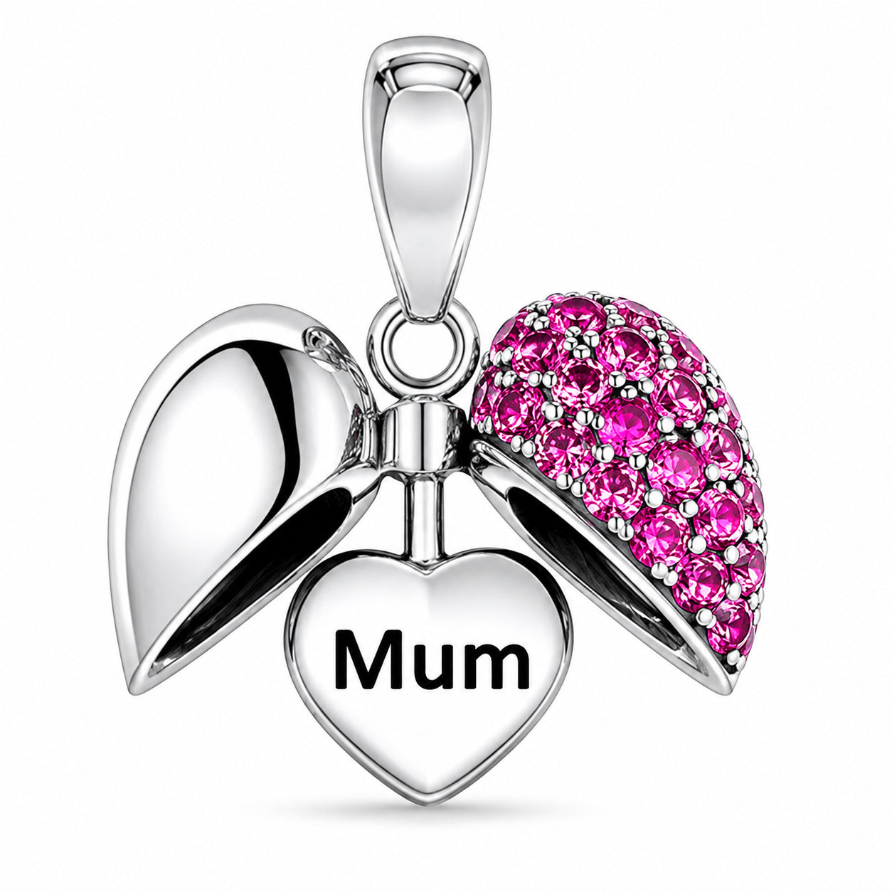 Pink Fuchsia Crystal Heart Mum Dangle Charm S925 Sterling Silver