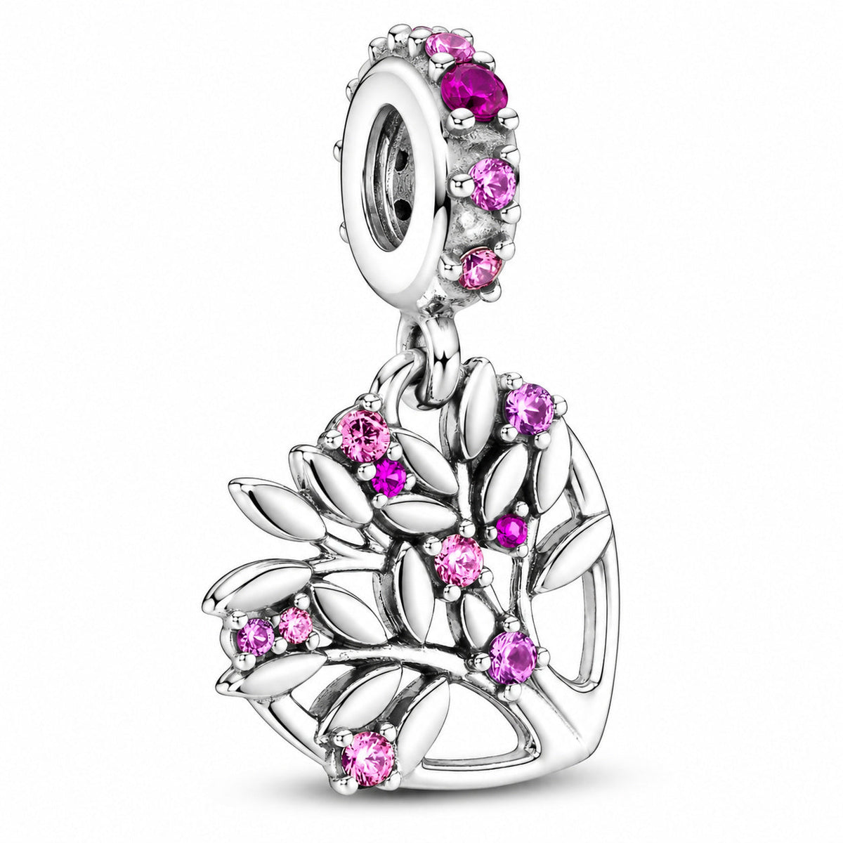Pink Heart Family Tree Dangle Charm  S925 Sterling Silver