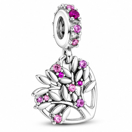 Pink Heart Family Tree Dangle Charm  S925 Sterling Silver