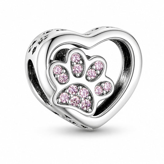 Pink Heart Paw Print Charm S925 Sterling Silver
