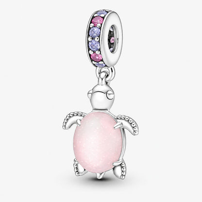 Pink Murano Turtle Dangle Charm S925 Sterling Silver