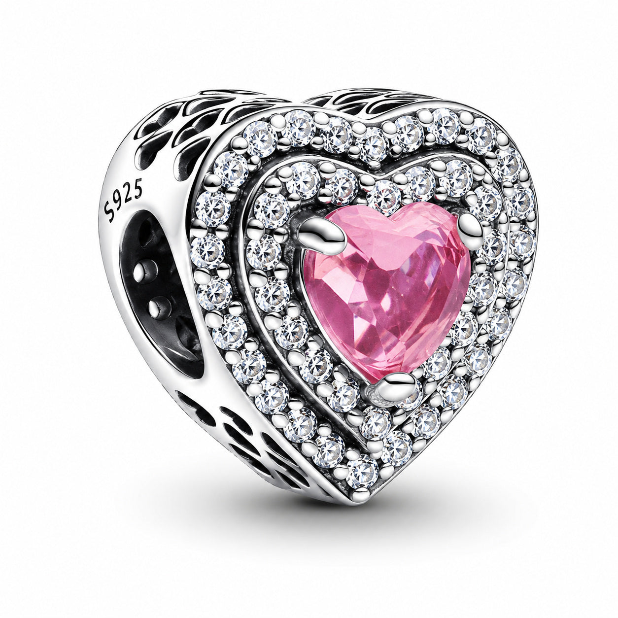 Pink Sparkling Levelled Hearts Charm S925 Sterling Silver