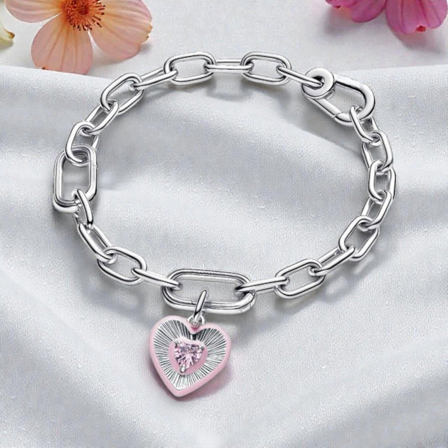 Radiating Pink Heart Medallion Charm S925 Sterling Silver