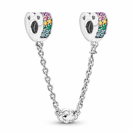 Rainbow Pave Heart Safety Chain Charm  S925 Sterling Silver