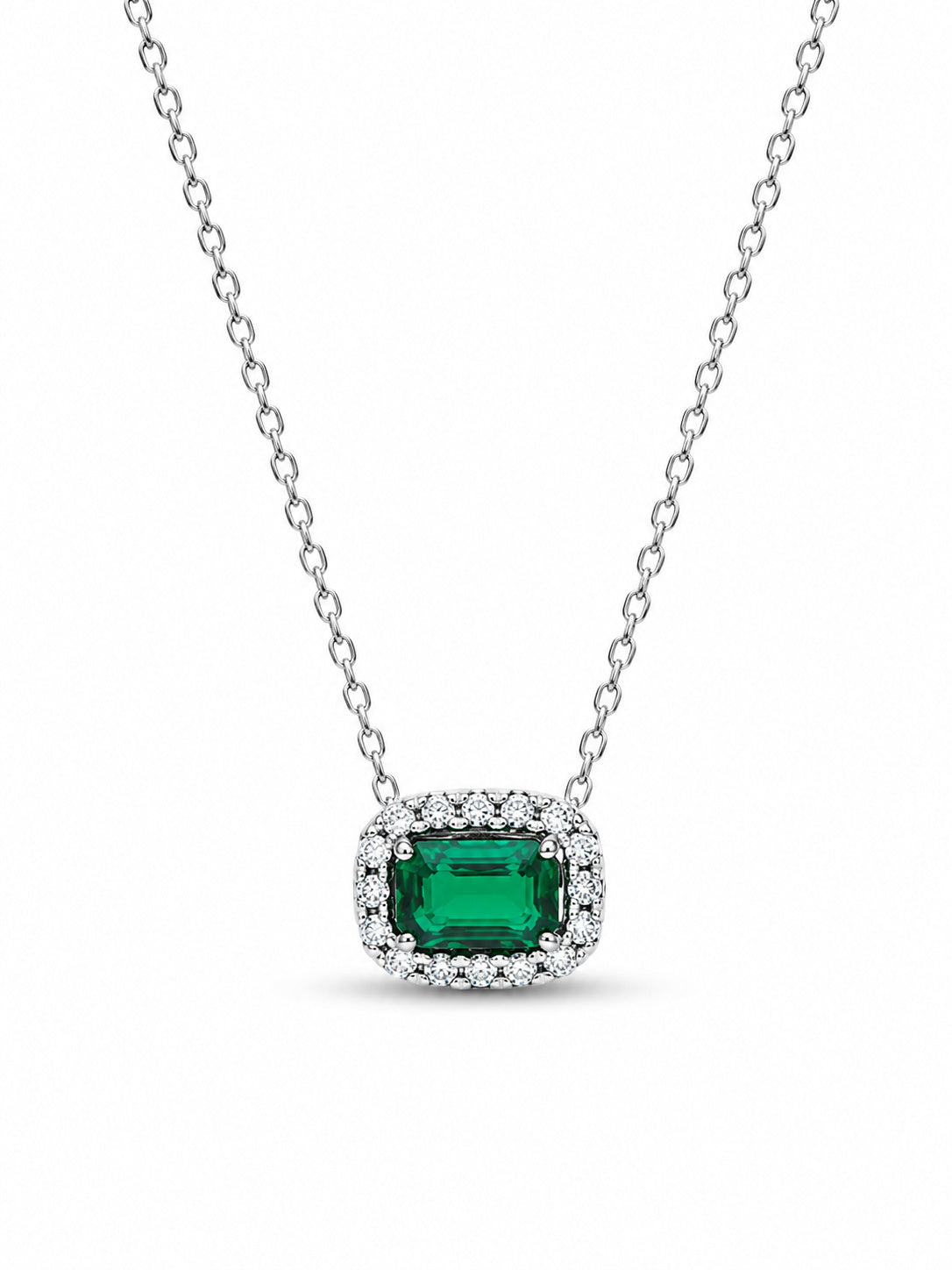 Rectangular Sparkling Green Halo Necklace Pendant S925 Sterling Silver