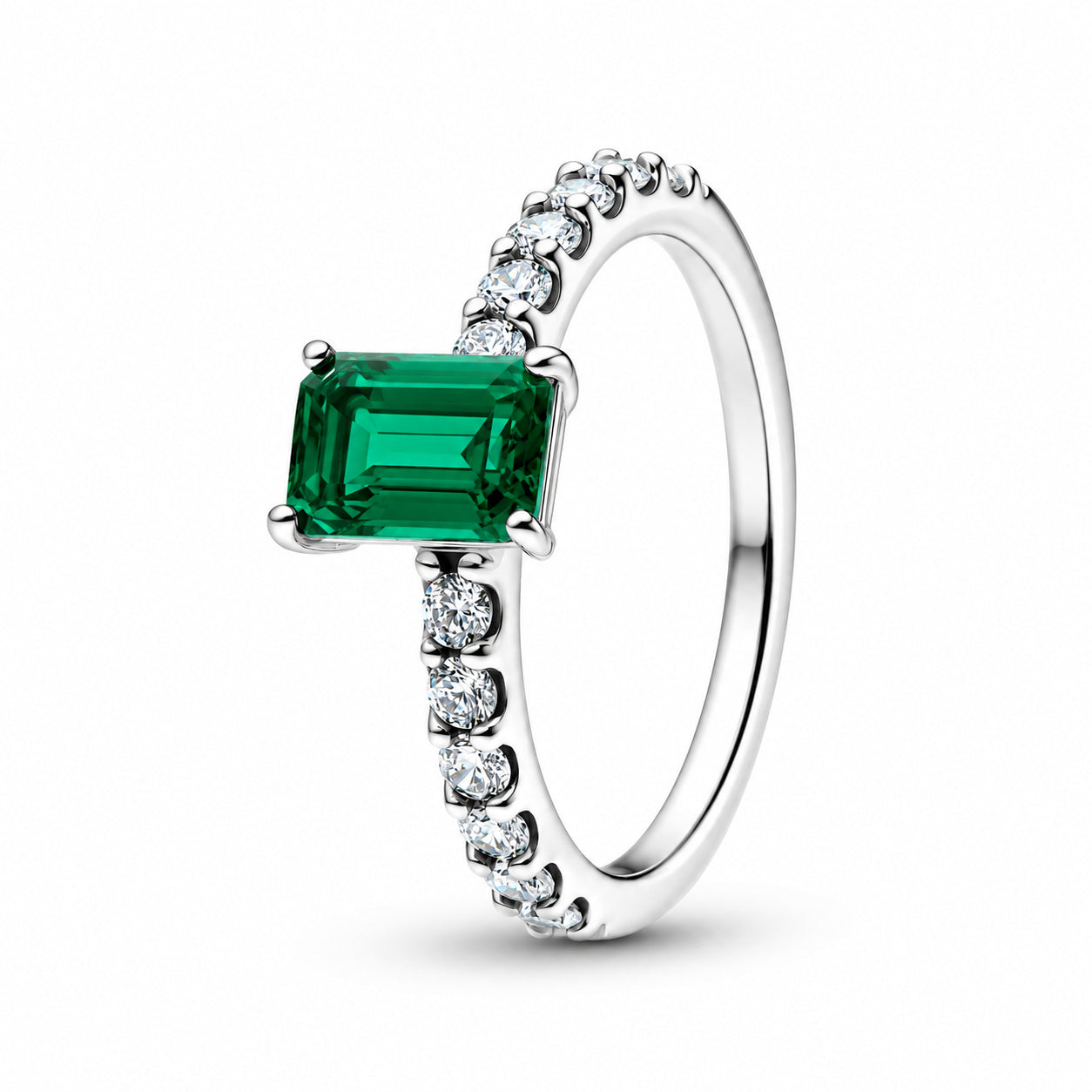 Rectangular Sparkling Green Halo Sterling Silver Ring