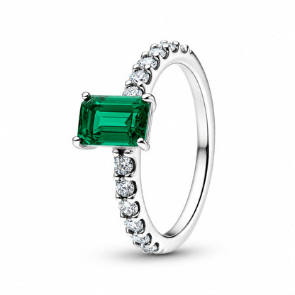 Rectangular Sparkling Green Halo Sterling Silver Ring