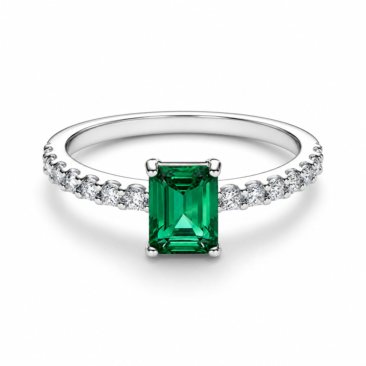 Rectangular Sparkling Green Halo Sterling Silver Ring