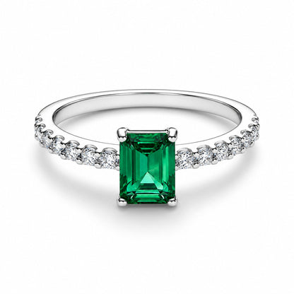 Rectangular Sparkling Green Halo Sterling Silver Ring