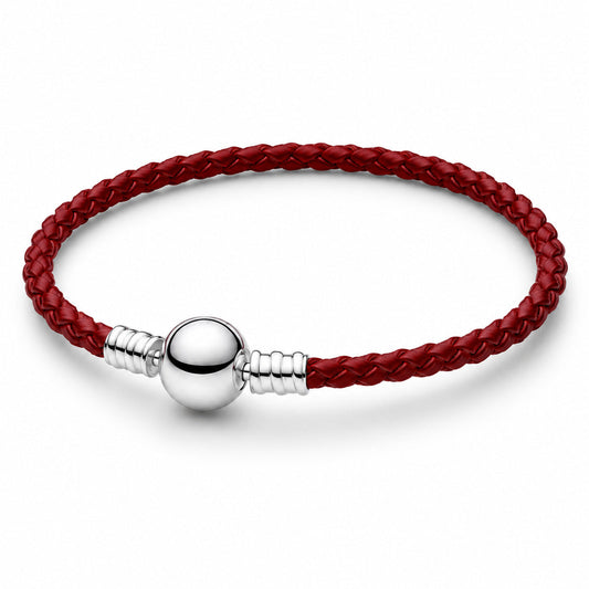 Red Braided Leather Bracelet S925 Sterling Silver