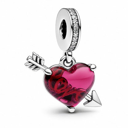 Red Heart & Arrow Murano Glass Dangle Charm  S925 Sterling Silver