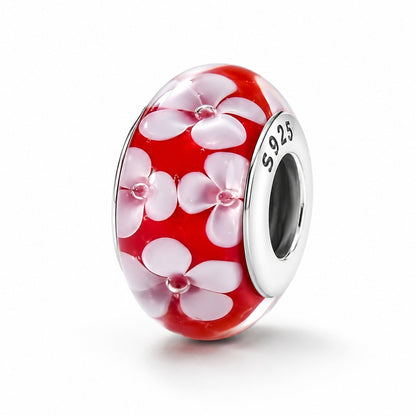 Red Murano Glass Cherry Blossom Charm  S925 Sterling Silver