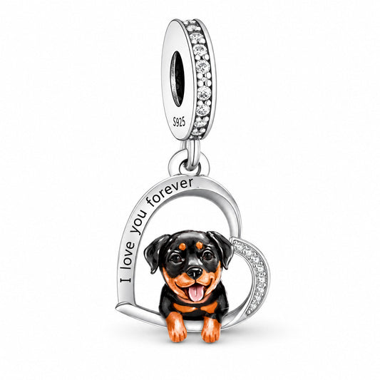 Rottweiler Realistic Dog I Love You Forever Dangle Charm S925 Sterling Silver