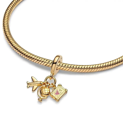 Golden Airplane, Globe & Suitcase Travel Dangle Charm  S925 Sterling Silver