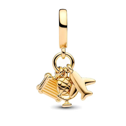 Golden Airplane, Globe & Suitcase Travel Dangle Charm  S925 Sterling Silver