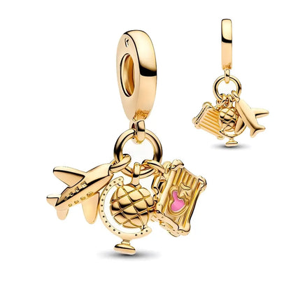 Golden Airplane, Globe & Suitcase Travel Dangle Charm  S925 Sterling Silver