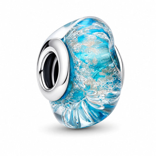 Silver & Turquoise Murano Glass Glitter Charm  S925 Sterling Silver