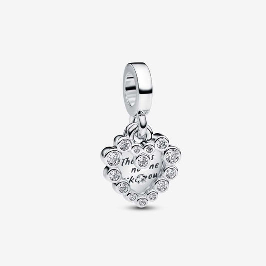 Sparkling Heart Double Hearts Dangle Charm  S925 Sterling Silver Charm
