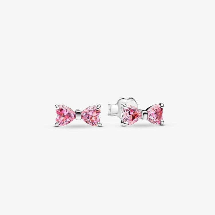 Sparkling Pink Bow Sterling Silver Stud  Earrings