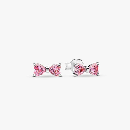 Sparkling Pink Bow Sterling Silver Stud  Earrings
