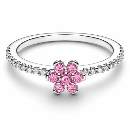 Sparkling Pink Flower Sterling Silver Ring