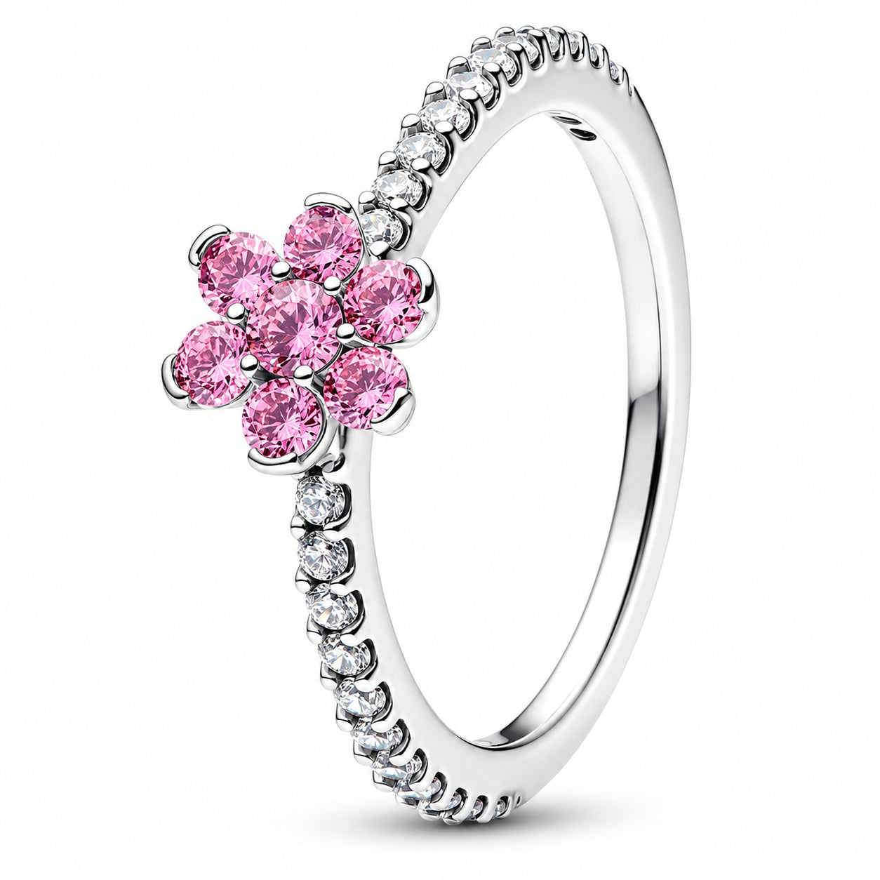 Sparkling Pink Flower Sterling Silver Ring