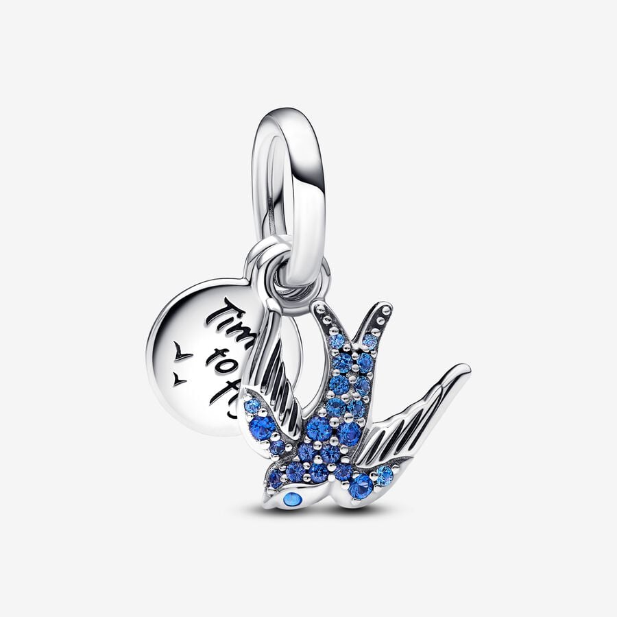 Sparkling Swallow & Quote Double Dangle Charm S925 Sterling Silver
