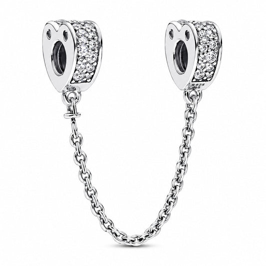 Sparkling Arc of Love Clear Pave Heart Safety Chain Charm  S925 Sterling Silver
