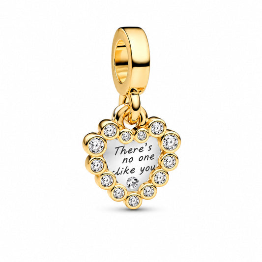 Sparkling Heart Double Dangle Charm Gold Plated  S925 Sterling Silver Charm