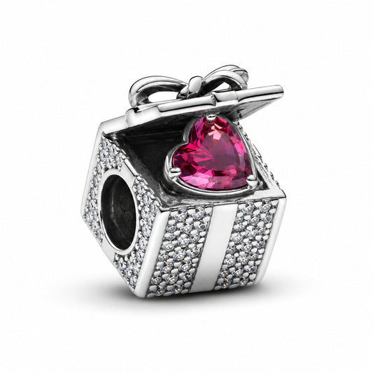 Sparkling Red Heart Gift Box Charm  S925 Sterling Silver